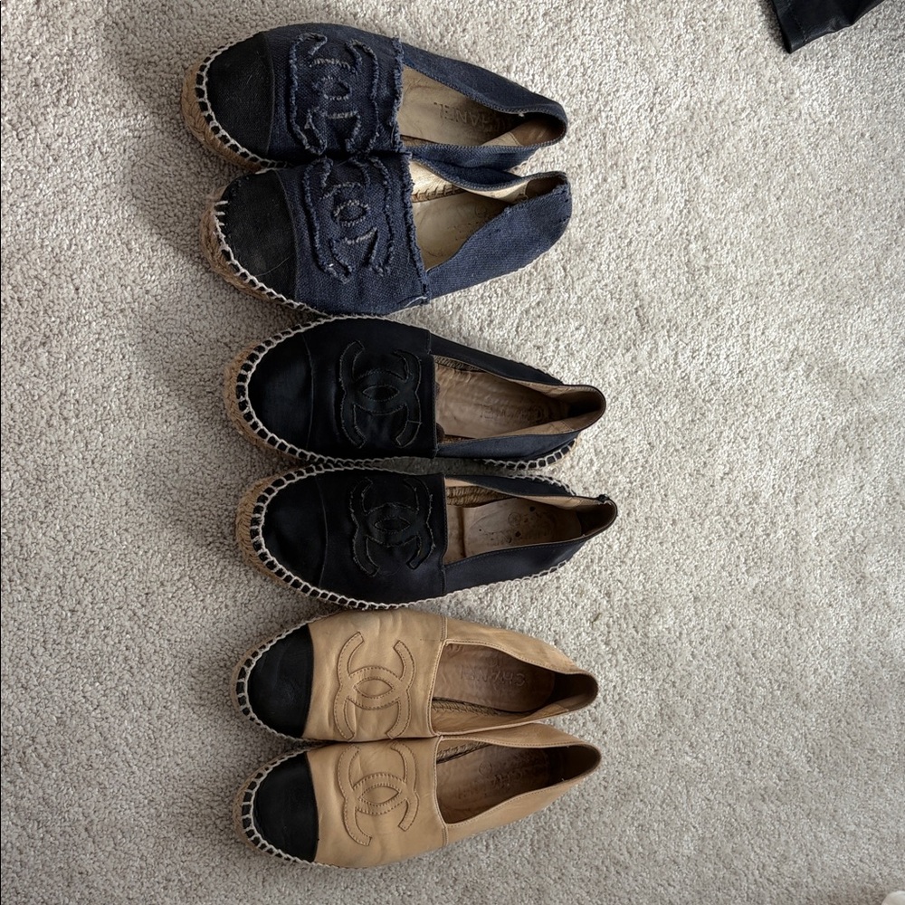 CHANEL Espadrilles in Navy, Black, and Tan